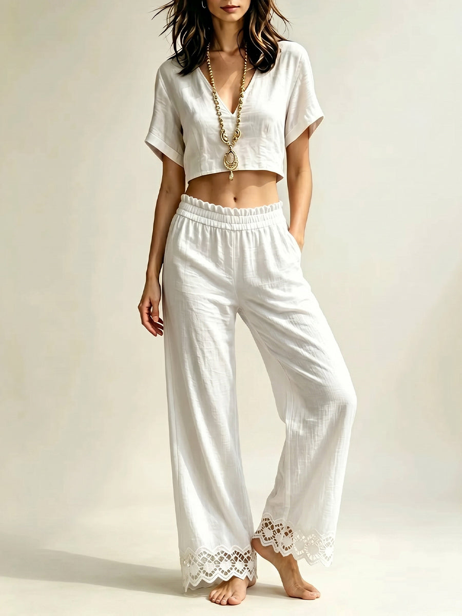 Women's V-neck Short-sleeve Top And Lace-trimmed Pants Set