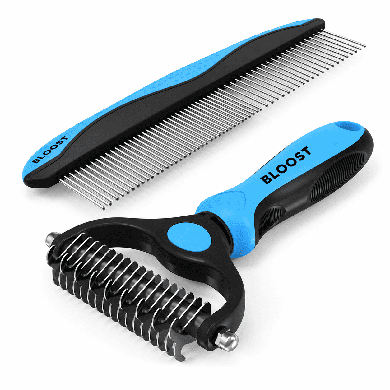 BLOOST Pet Grooming Combo - Blue Deshedding Brush with Metal Comb for Detangling and Dematting Long, Matted Fur on Cats and Dogs