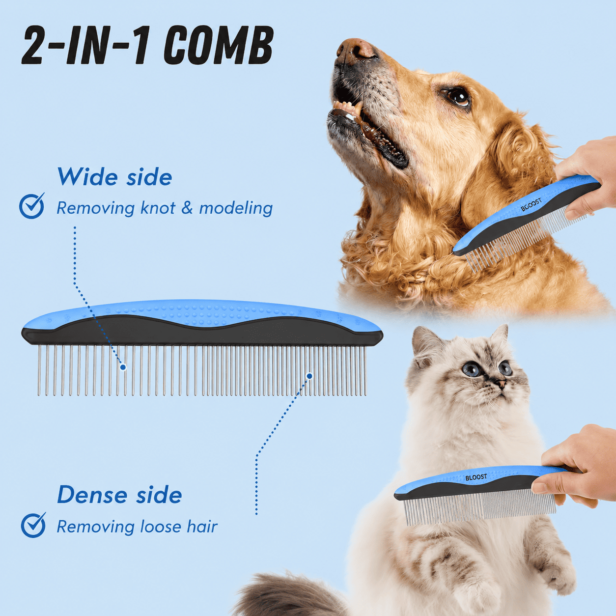 BLOOST Pet Grooming Combo - Blue Deshedding Brush with Metal Comb for Detangling and Dematting Long, Matted Fur on Cats and Dogs