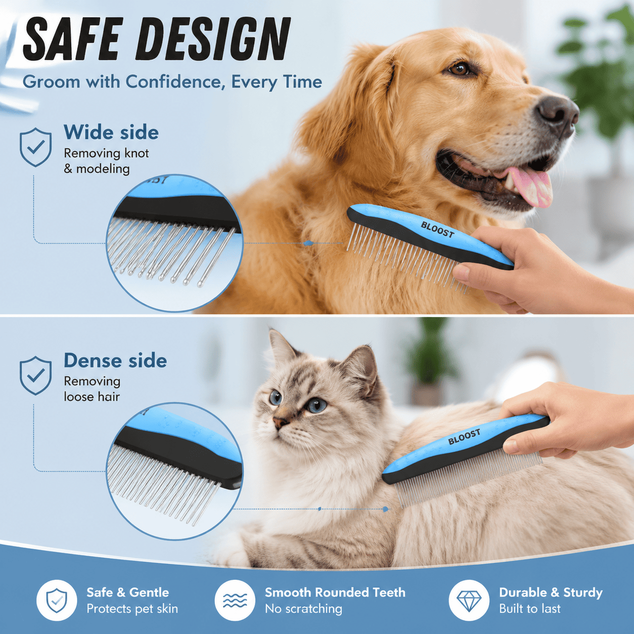 BLOOST Pet Grooming Combo - Blue Deshedding Brush with Metal Comb for Detangling and Dematting Long, Matted Fur on Cats and Dogs