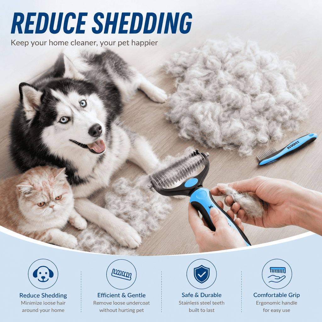BLOOST Pet Grooming Combo - Blue Deshedding Brush with Metal Comb for Detangling and Dematting Long, Matted Fur on Cats and Dogs
