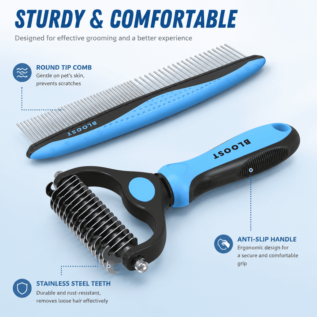 BLOOST Pet Grooming Combo - Blue Deshedding Brush with Metal Comb for Detangling and Dematting Long, Matted Fur on Cats and Dogs