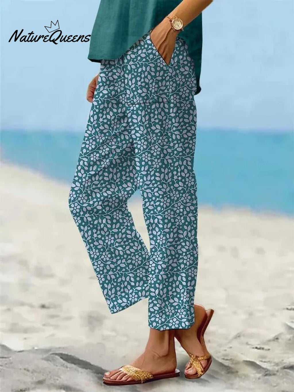 Women's Vintage Floral Art Printed 100%Cotton Casual Pants