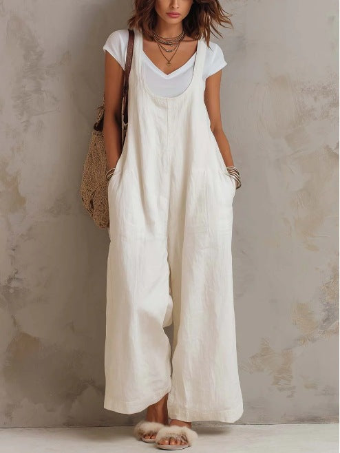 Women's Solid-color Cotton-linen Jumpsuit