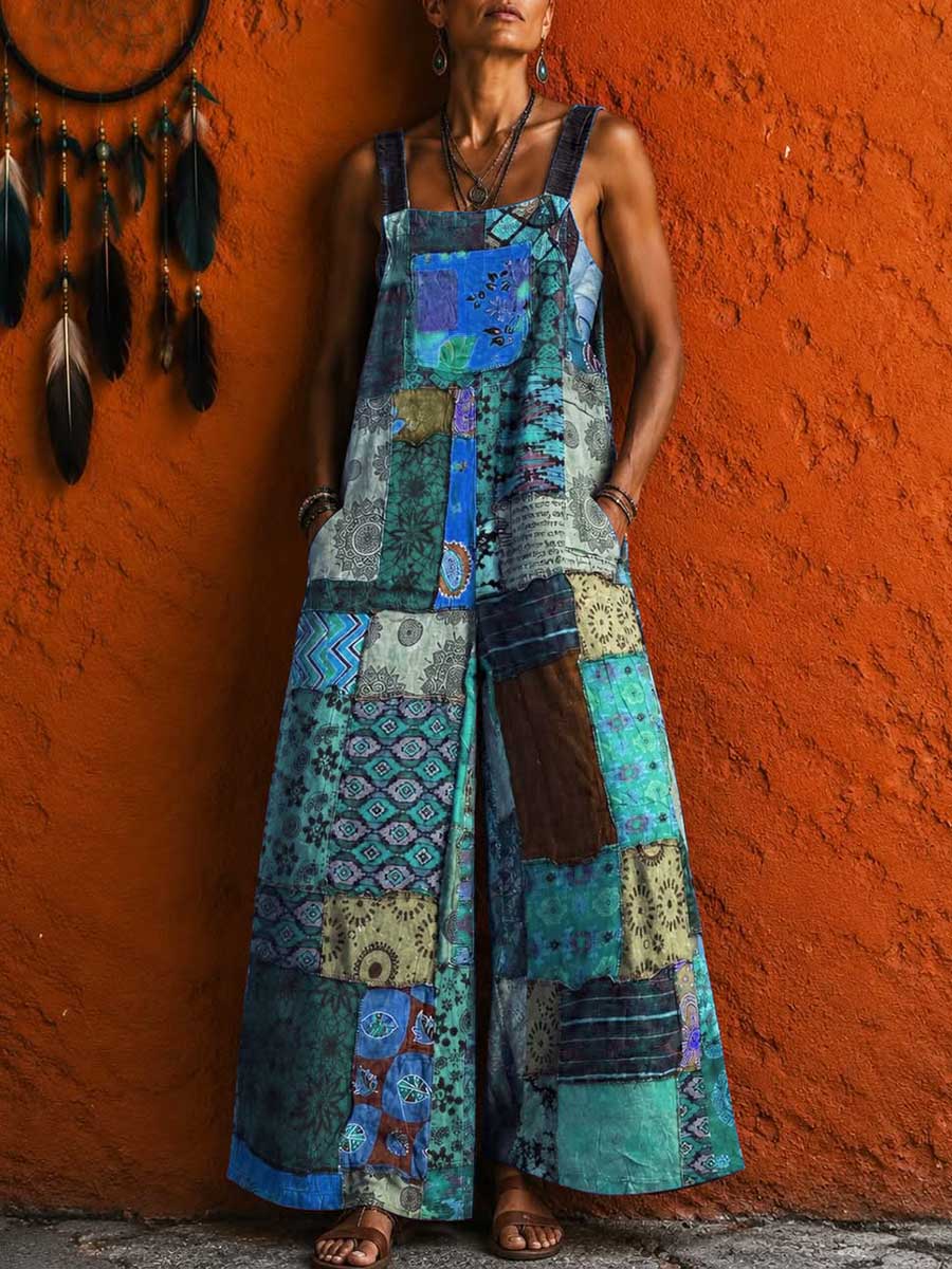 Women's Vintage-print Square-neck Sleeveless Casual Loose-fit Wide-leg Jumpsuit