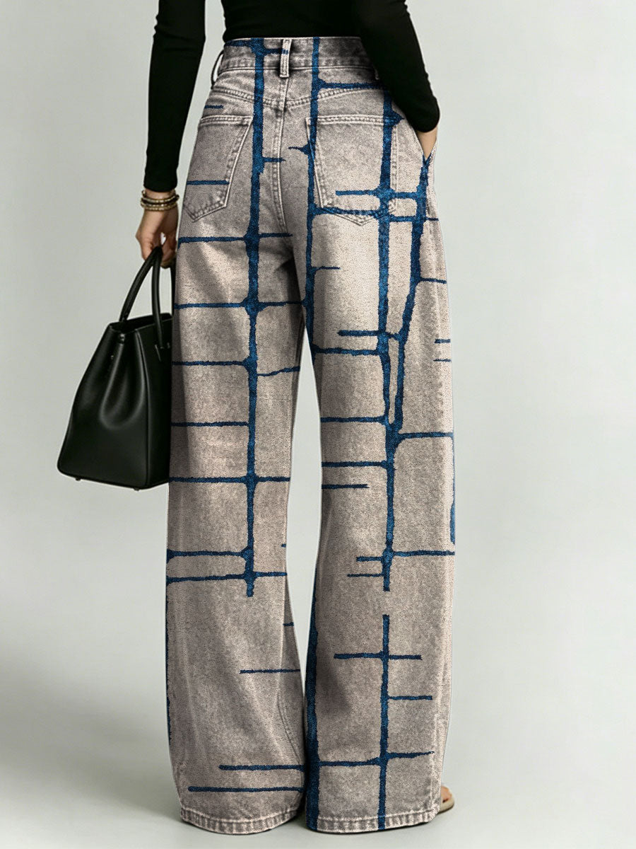 Women's Retro Geometry Pattern Printed Stylish Cutout Casual Denim Jeans