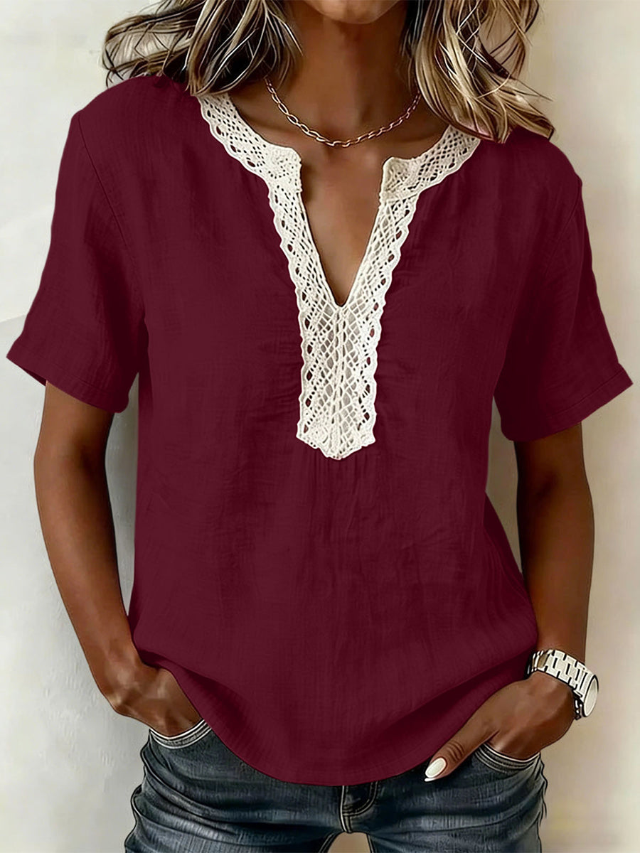 Casual Short-sleeve Top With Lace-trimmed Collar (linen & Cotton)