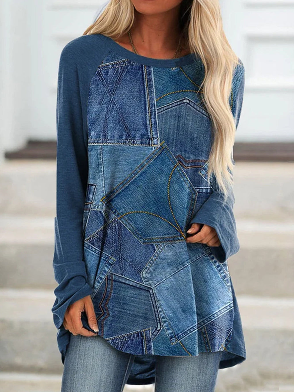 Crew Neck Long Sleeve Denim Pattern Mid-length Blouse