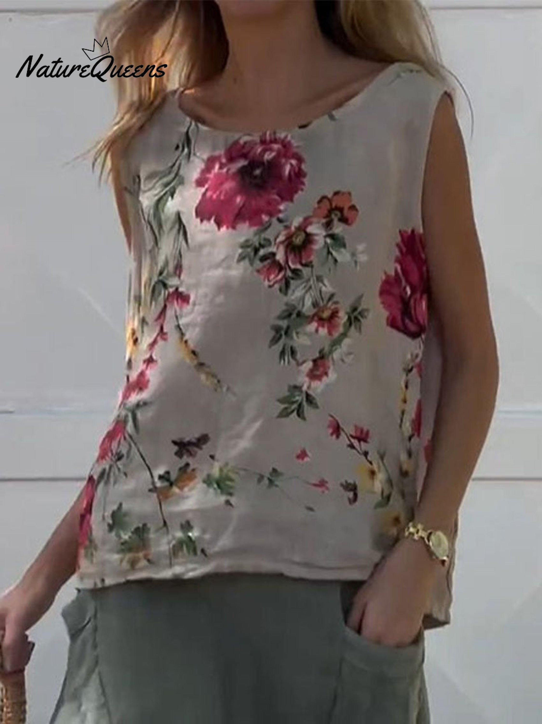 Women's Flowers Print CasualCotton And Linen Tank Top