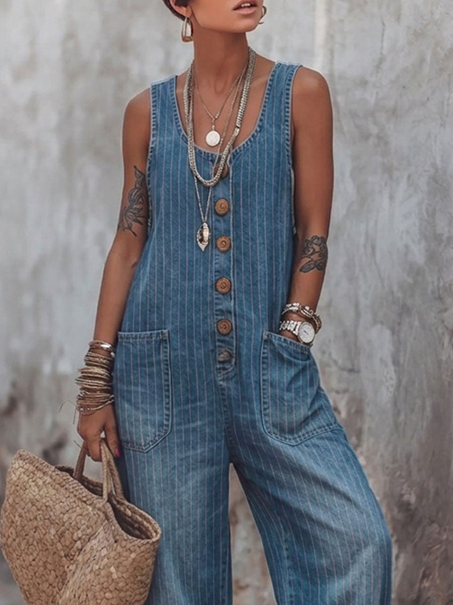 Women's Stripe Print Casual Jumpsuit