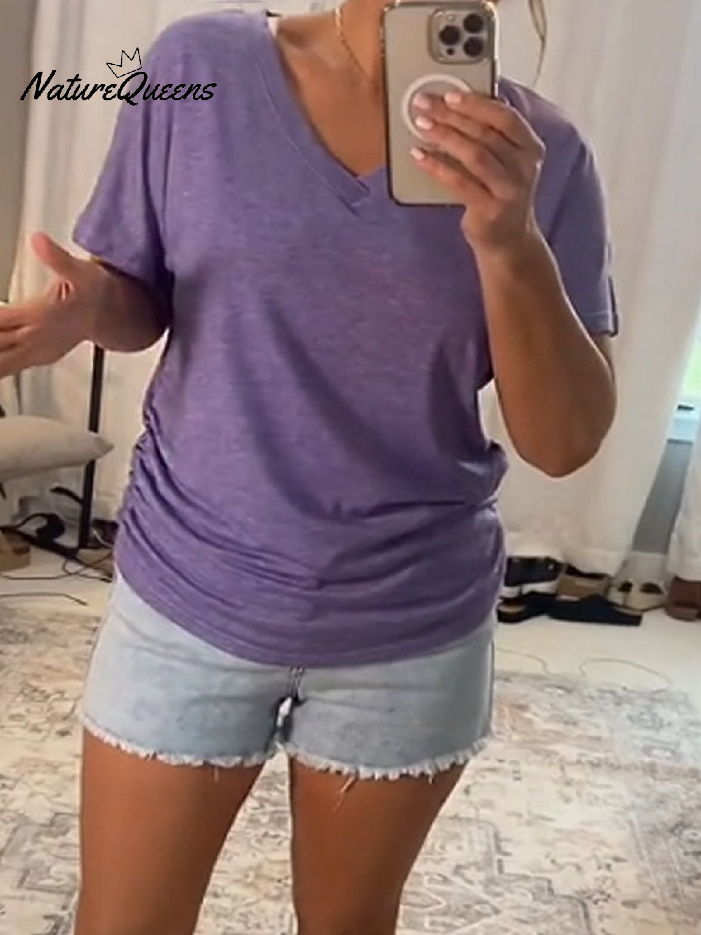 Women's Solid Color V-Neck Short Sleeve Casual Loose Cotton Top
