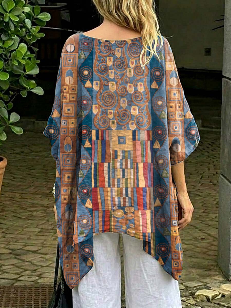 Women's Retro Geometric Pattern Art Print Casual Cotton Long Shirt