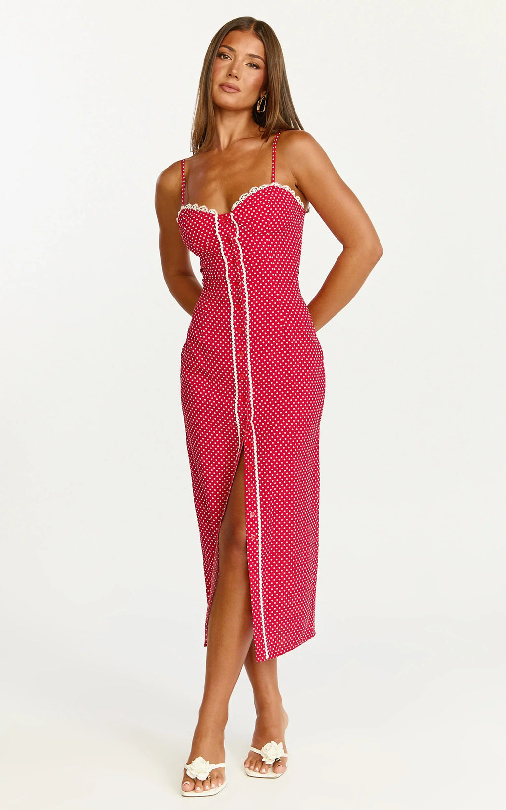 Camille Midi Dress - Button Front Bustier Lace Trim Fitted Dress in Red