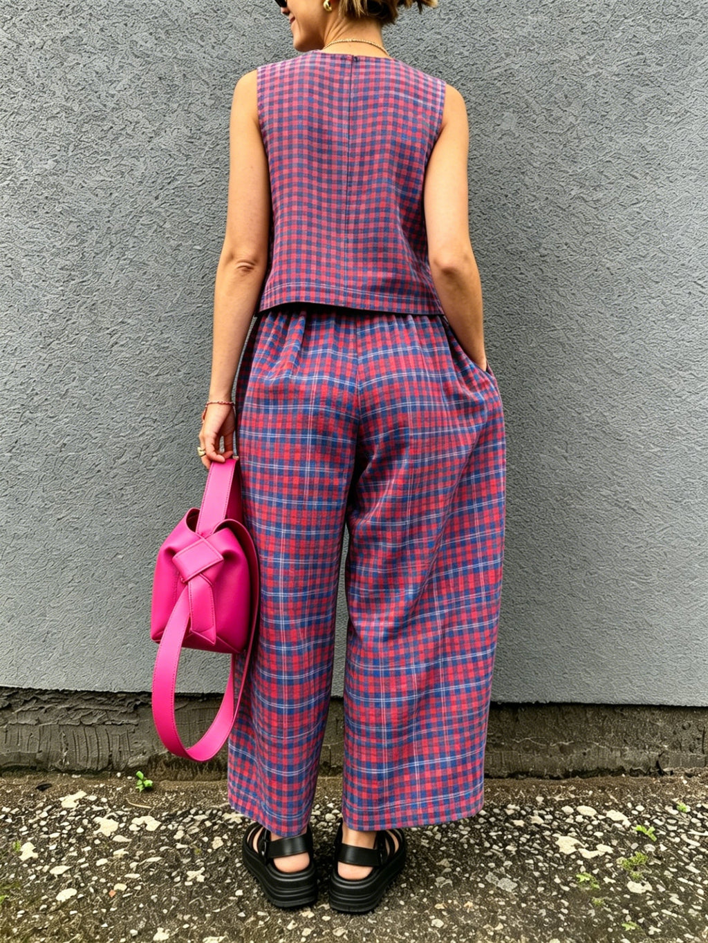 Retro Plaid Sleeveless Top& Wide-leg Pants Two-piece Set