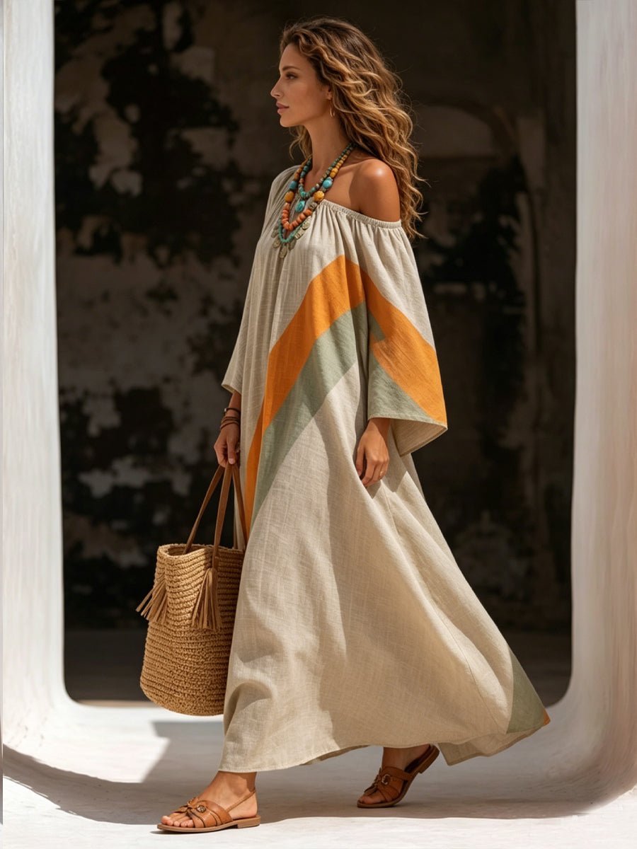 Off-white & Contrast-trim Linen-blend Off-the-shoulder (bardot) Loose-fit Maxi Dress