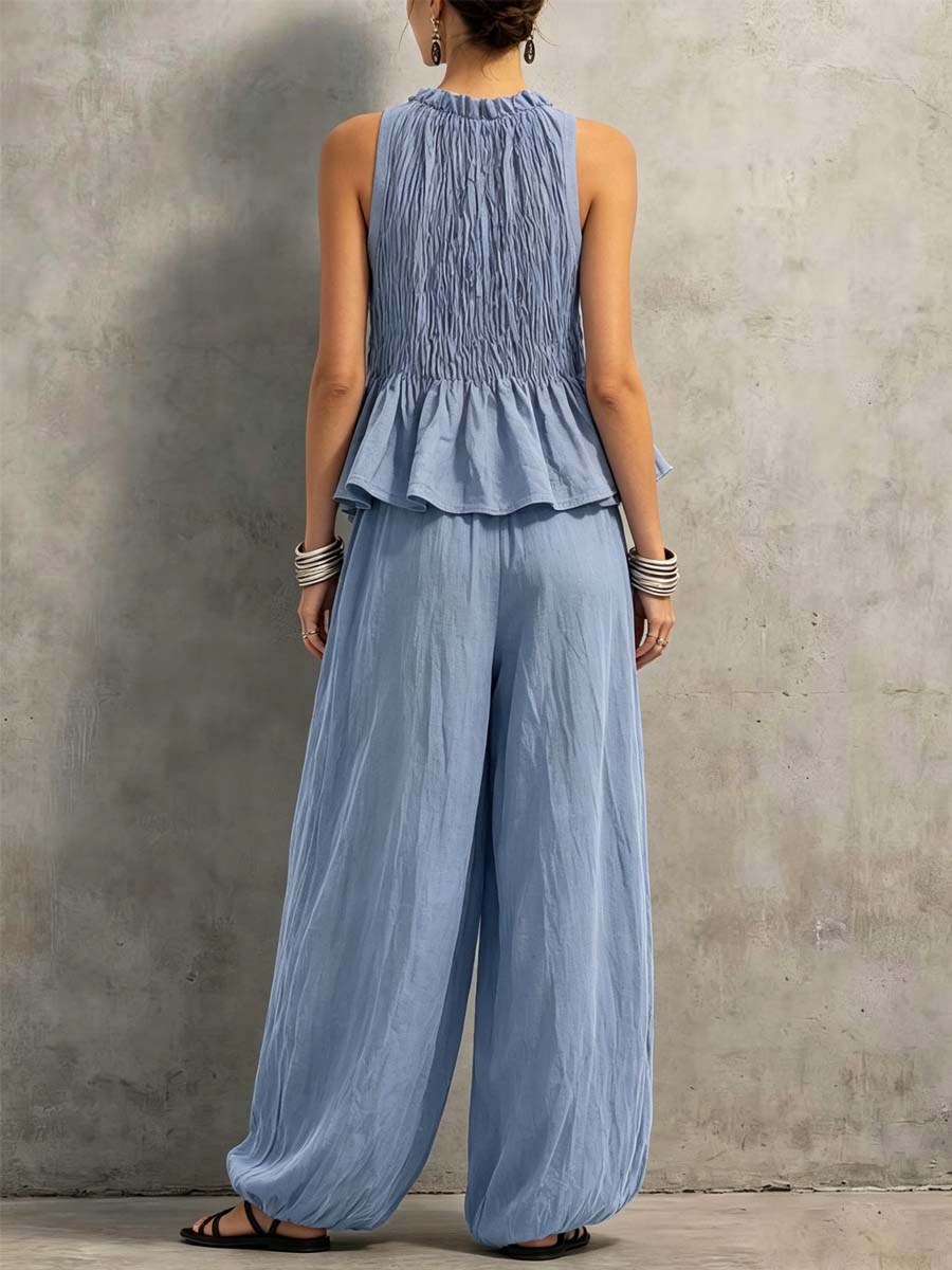 Women's Art Ruffle Stylish Casual Top And Pants Cotton Linen Two-piece Set