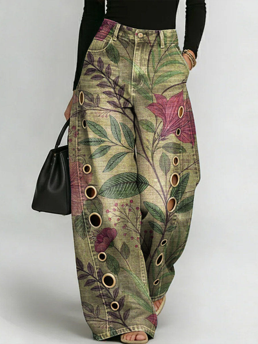 Women's Retro Flowers Print Casual Fashion Cutout Jeans