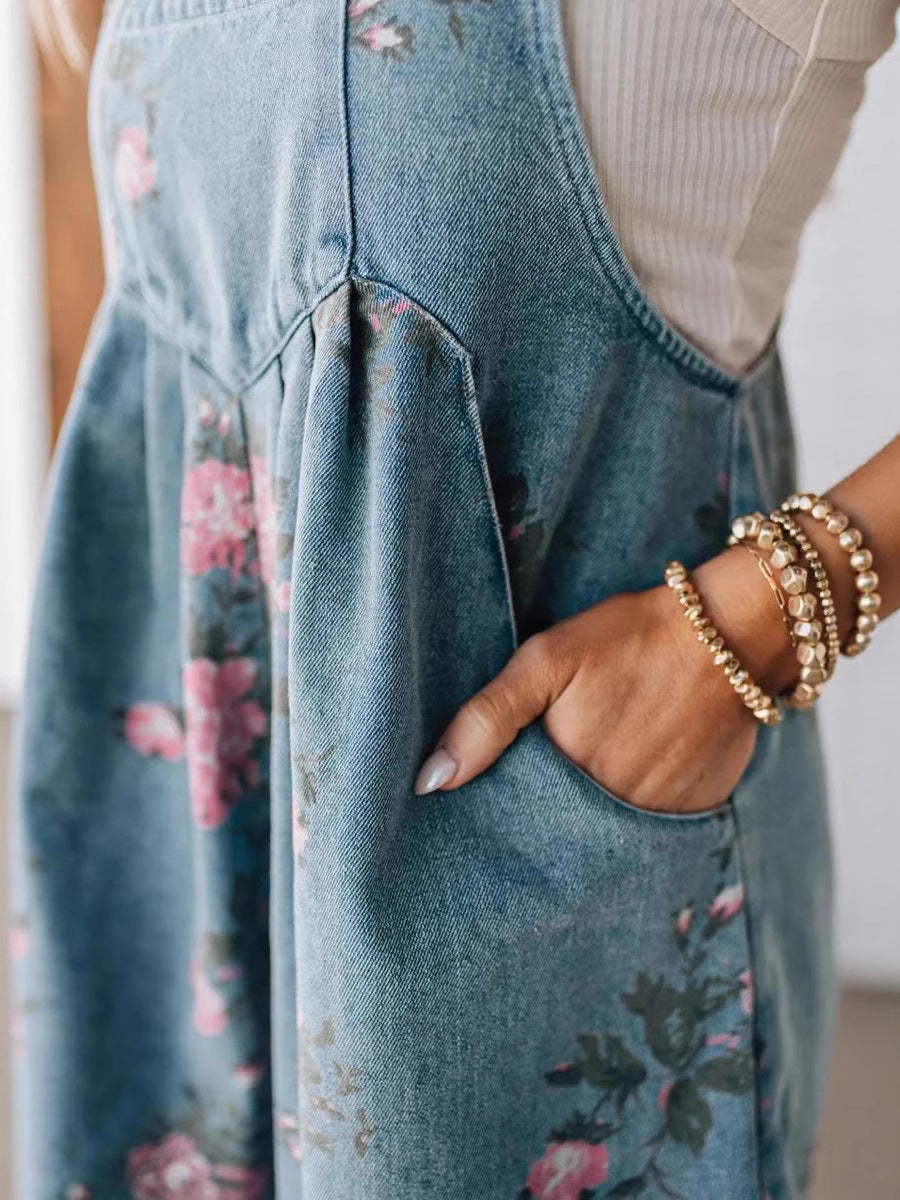 Women's Retro Personality Printed Denim Jumpsuit