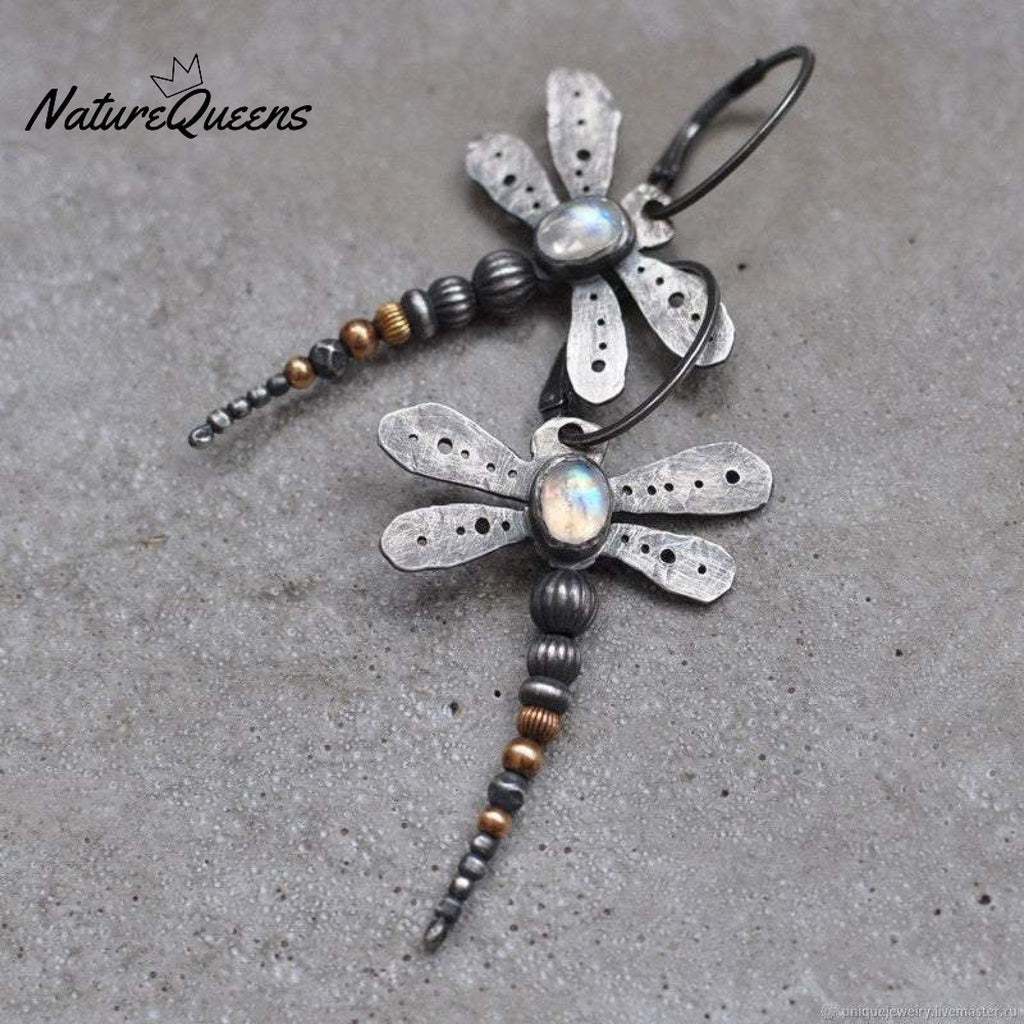 Round moonstone dragonfly earrings