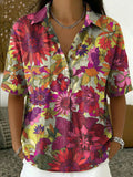 Women's Vintage Botanical Floral Casual Polo Collar Short-sleeved Linen And Cotton Shirt