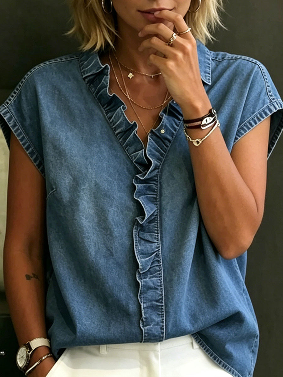 Women's V-neck Solid-color Casual Denim-cotton Sleeveless Shirt
