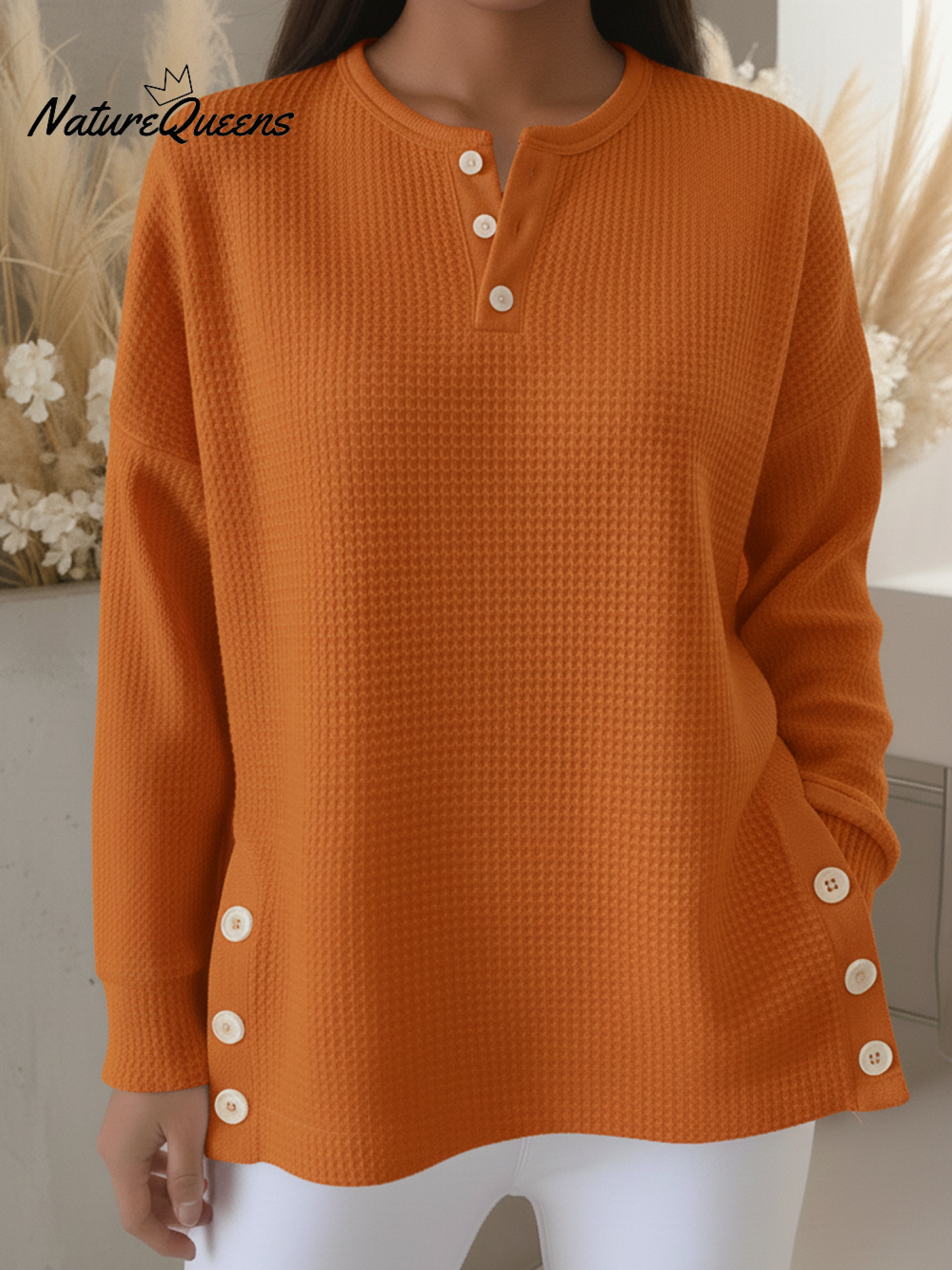 Casual Henley Neck Side Slit Button Waffle Pullover Top
