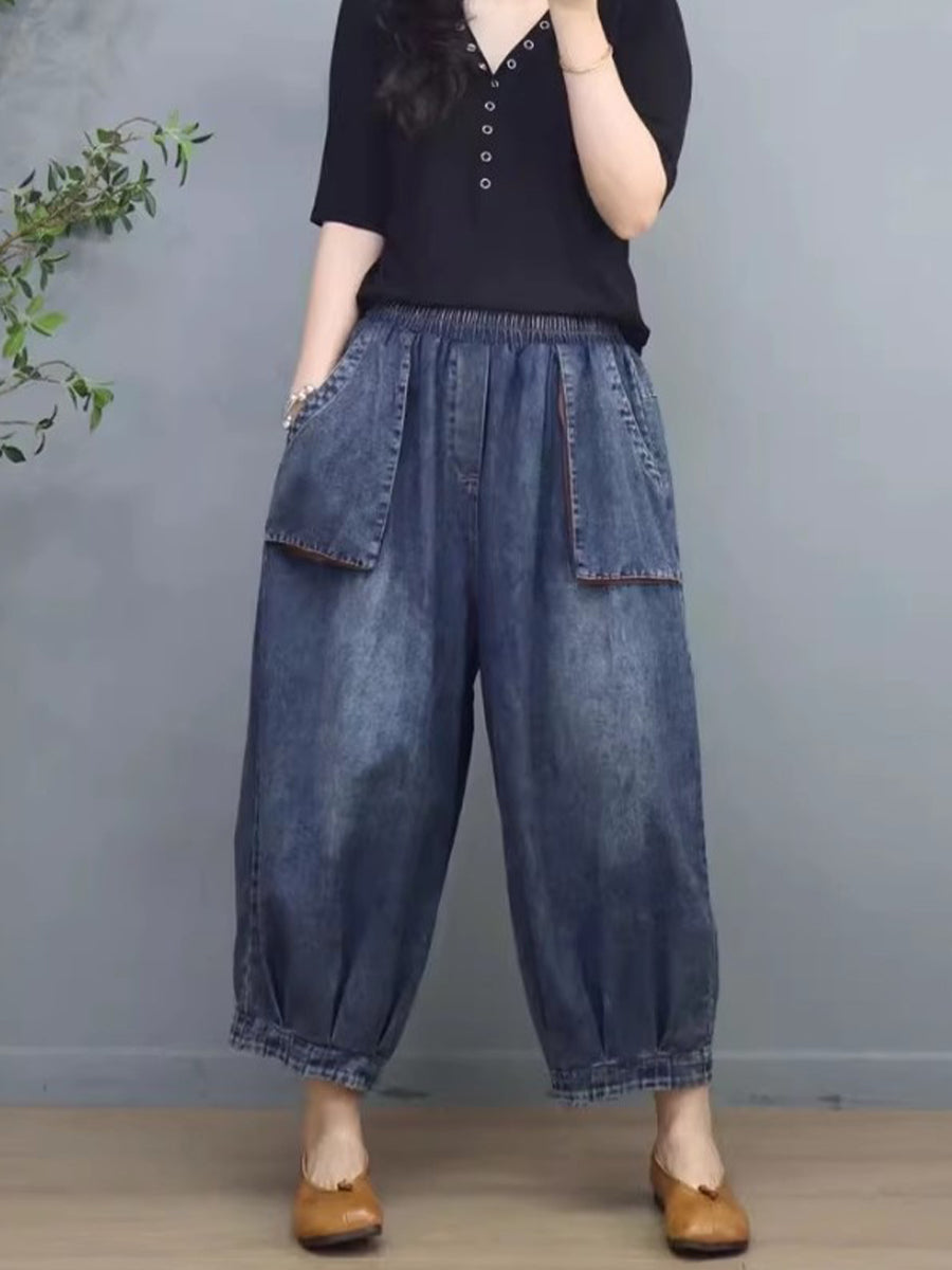Washed Denim Cropped Balloon Pants With Elastic Waist And Large Patch Pockets