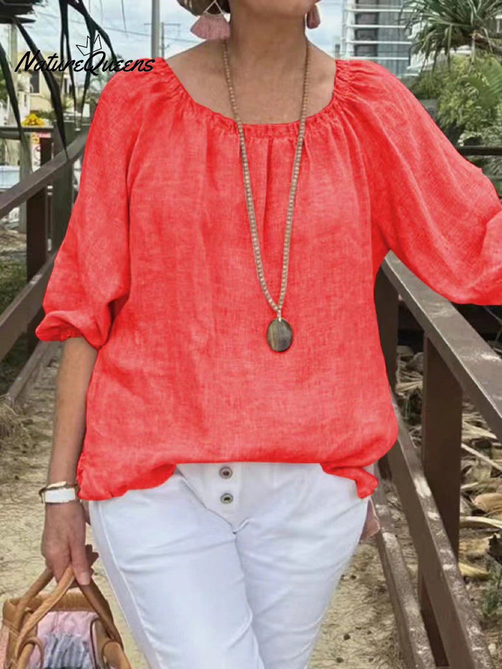 Women's Casual Solid Color Round Neck Pullover Cotton And Linen Shirt