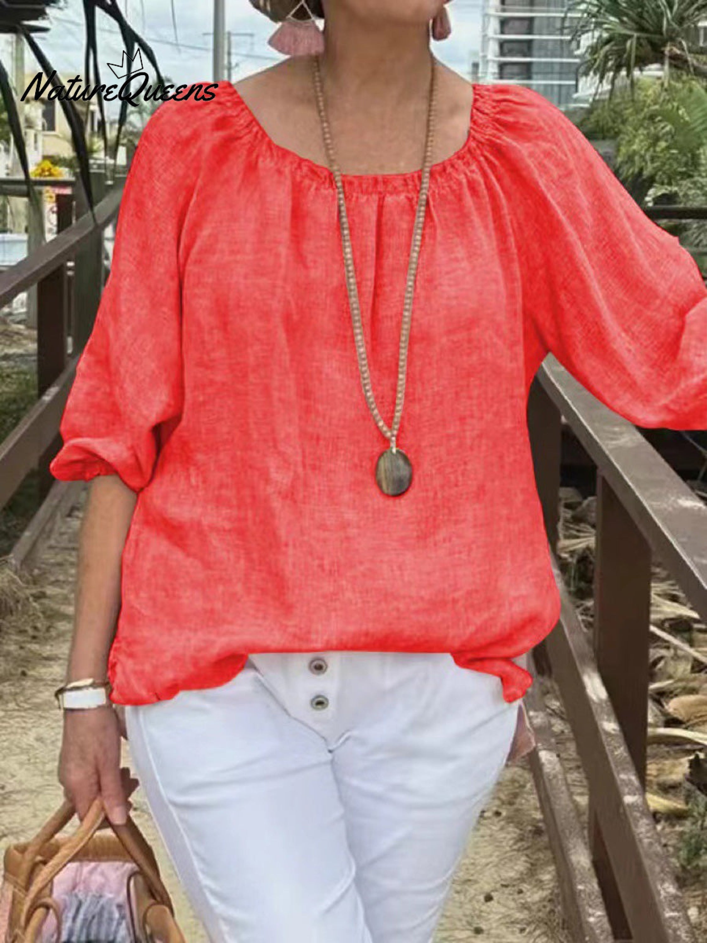 Women's Casual Solid Color Round Neck Pullover Cotton And Linen Shirt