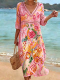 Colorful Graffiti Print Cutout V-neck Vacation Dress