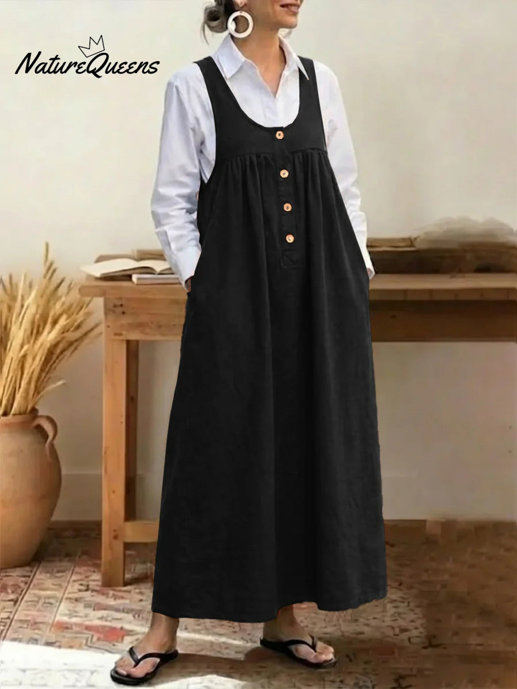 Women's Solid Color U-neck Sleeveless Casual Loose Cotton Vest Dress