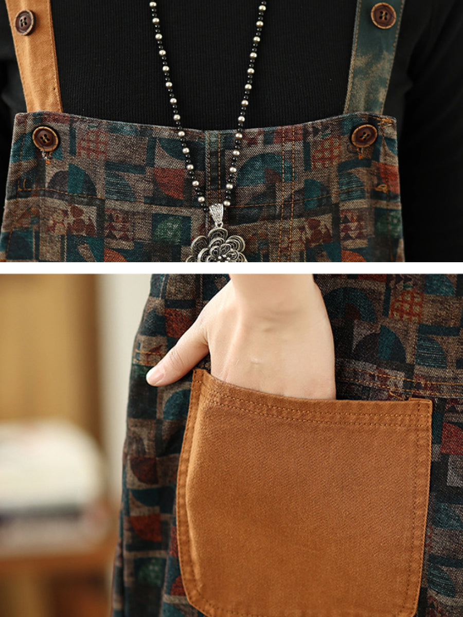 Women Vintage Patchwork Cotton Loose Denim Jumpsuits