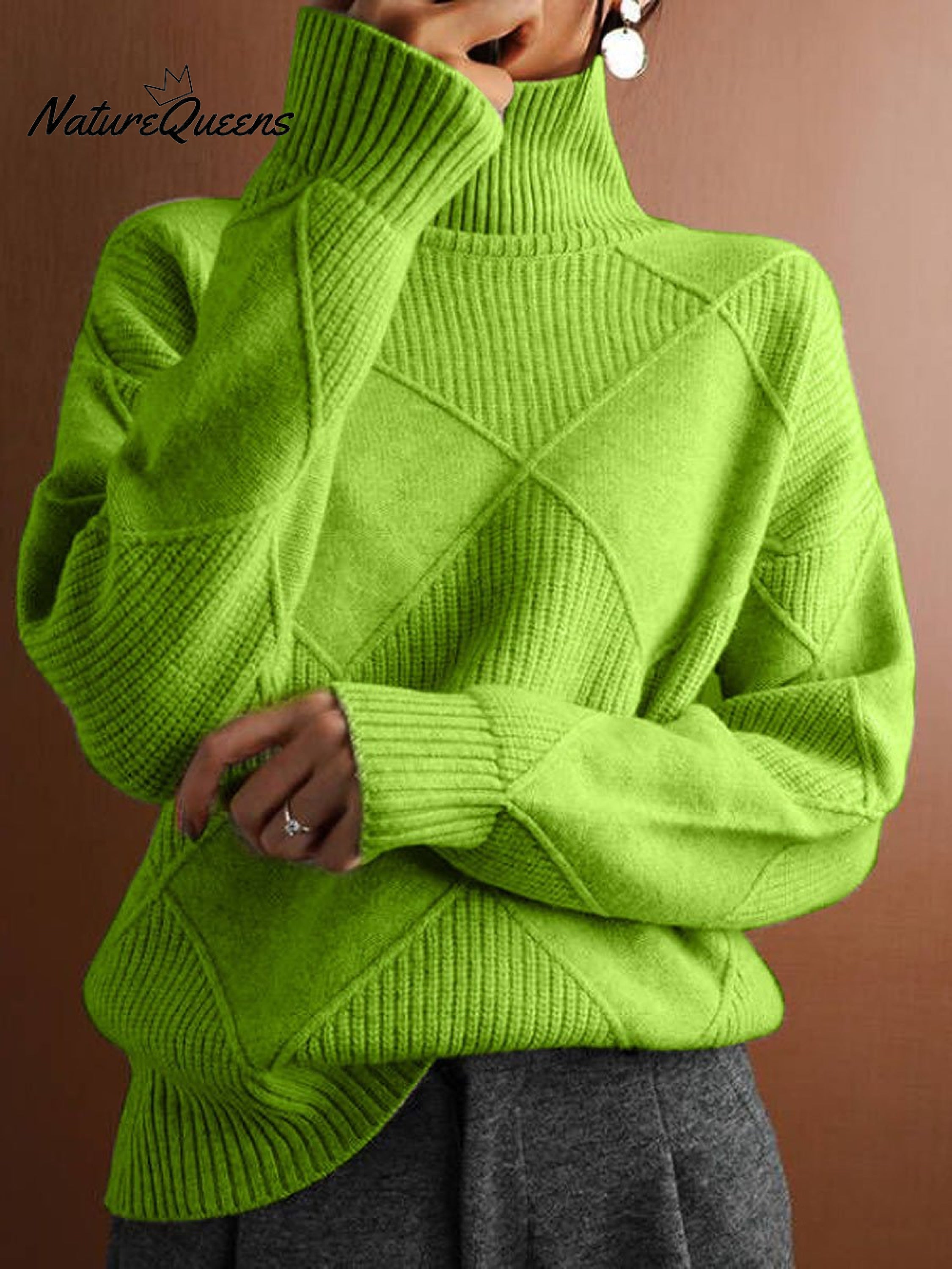 Women's Solid Color Stylish Long-sleeved Loose turtleneck Warm Casual Knitted Sweater