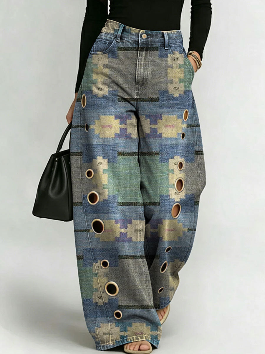 Women's Retro Pattern Printed Stylish Cutout Casual Denim Jeans