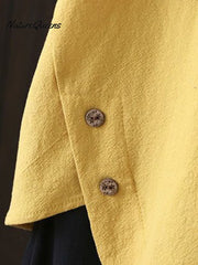 Women'S Solid Color Cotton And Linen Round Neck Button Short Sleeve Irregular Slit At Hem Button Blouse