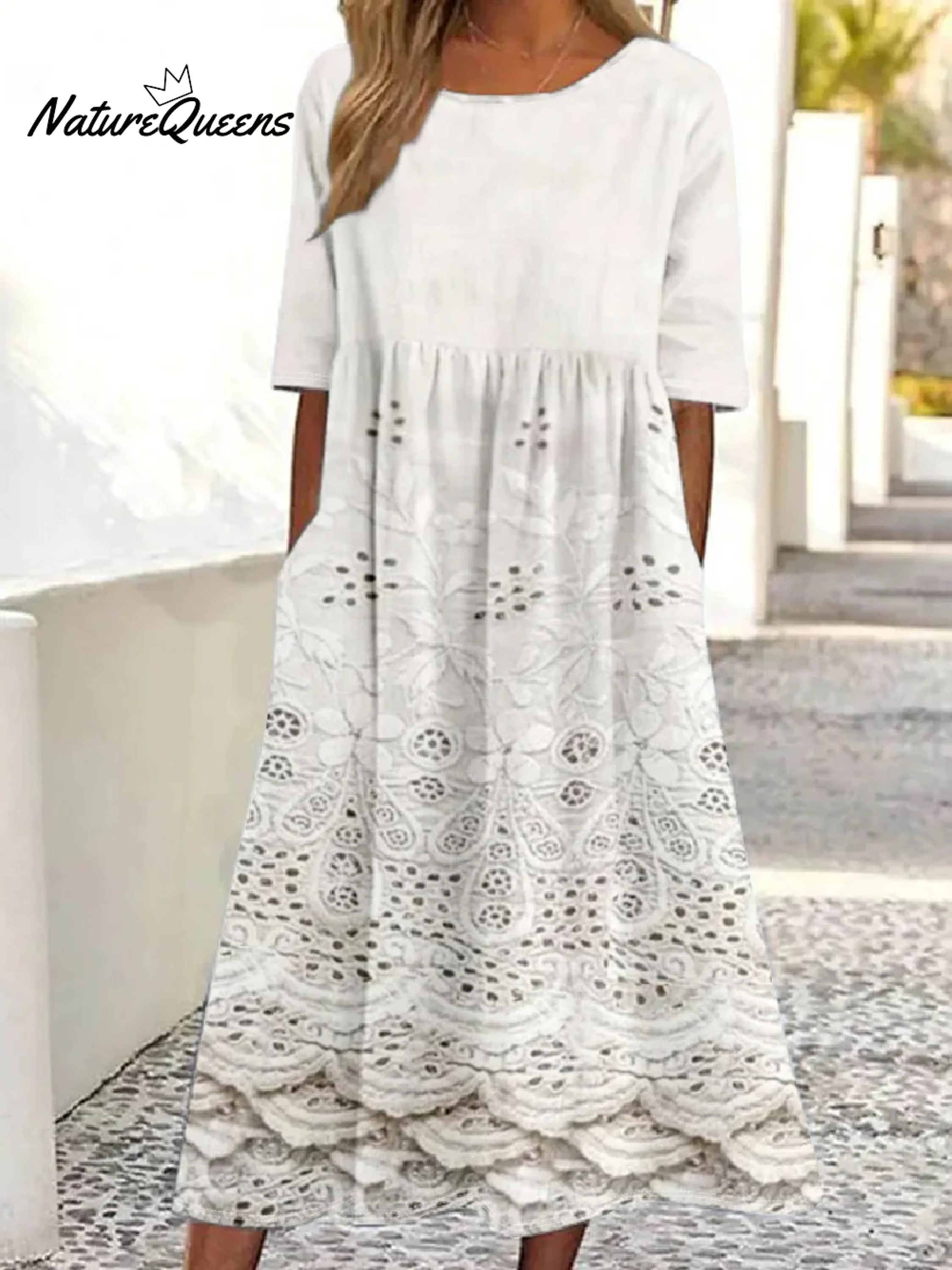 Vintage Lace Floral Print Round Neck Pocket Midi Dress