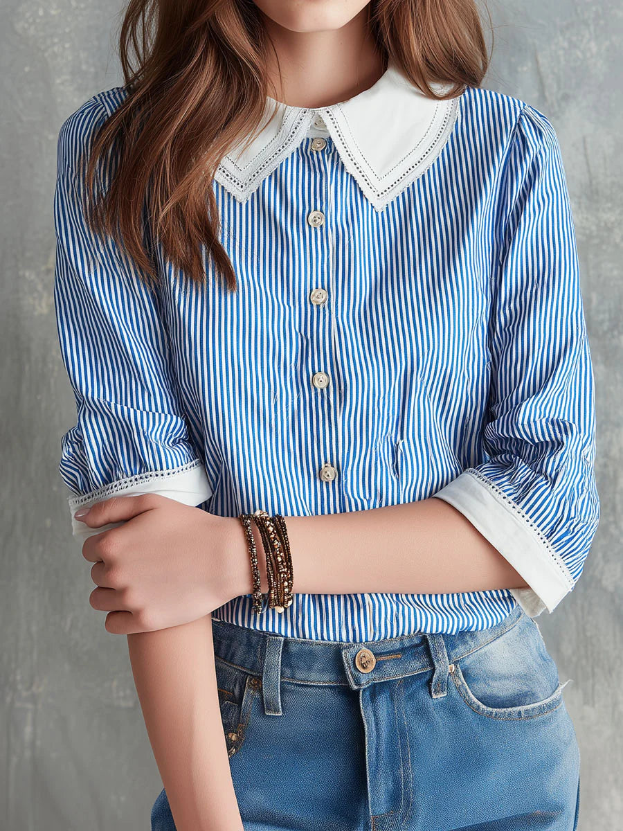 Casual Striped Cotton Shirt With Contrast Peter Pan Collar