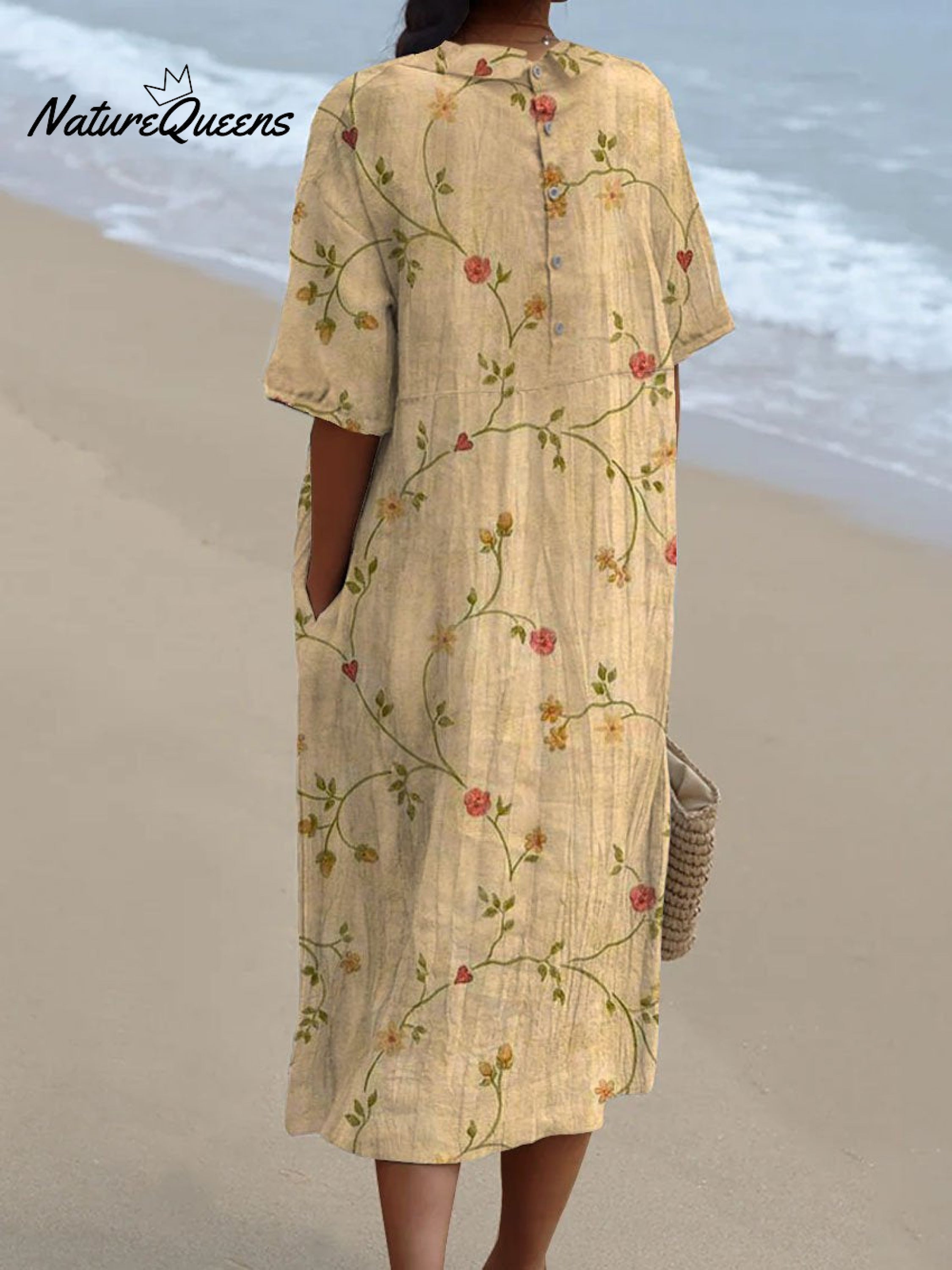 Women's Vintage Lovely Floral Art Print Pocket Linen Dress（Convertible Dress With Front And Back Option）