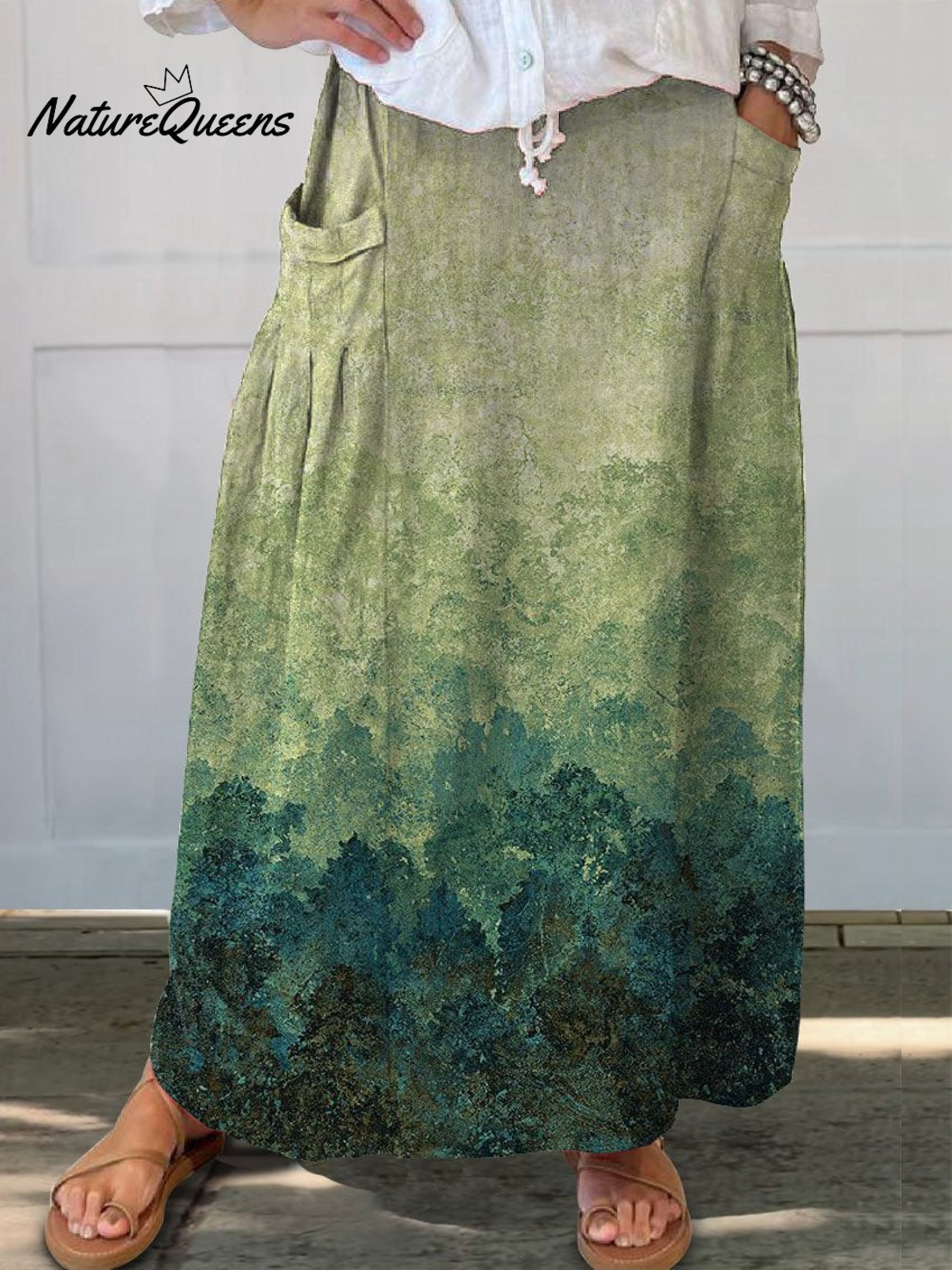 Women's Retro Gradient Painting Art Pattern Print Linen Pocket Skirt