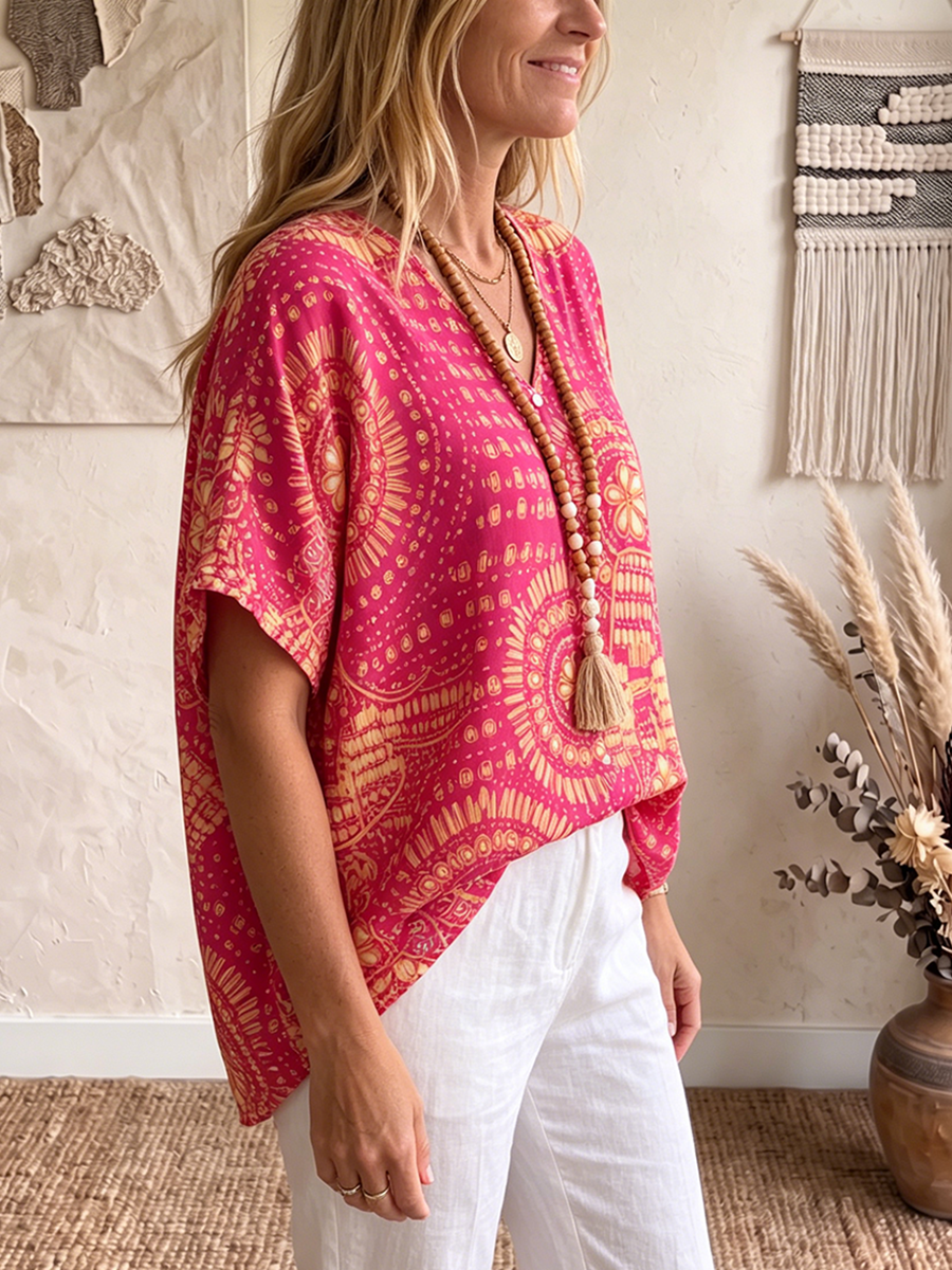 Boho Vintage Print V-neck Batwing Sleeve Shirt
