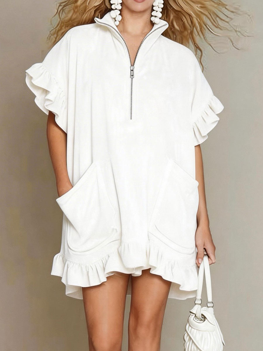 Women's Double Pockets Zipper Ruffle Sleeves Short-sleeve A-line Dress