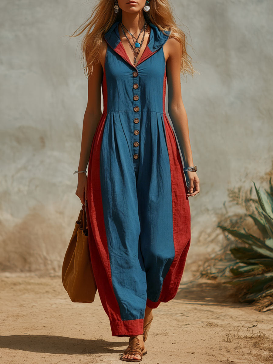 Women's V-neck Sleeveless Casual Loose-fit Hooded Wide-leg Jumpsuit