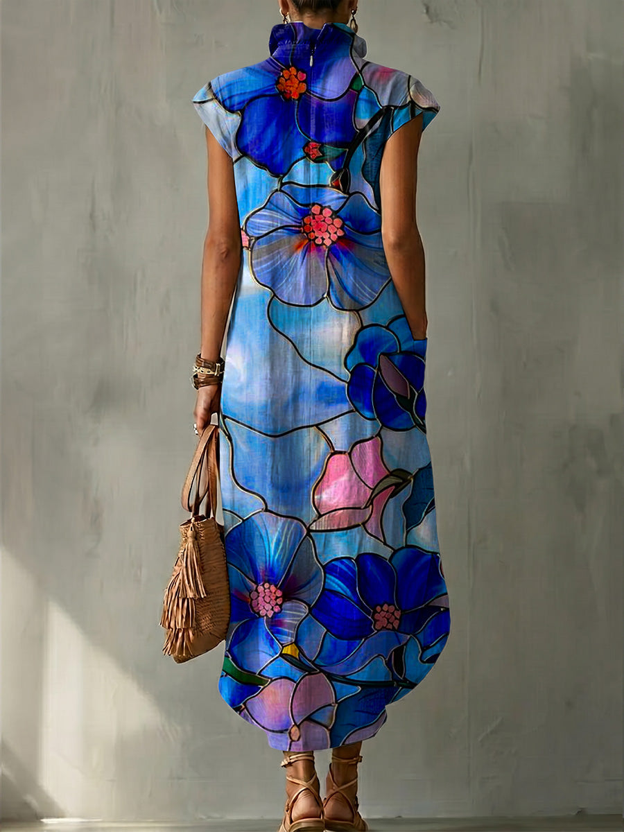 Retro Color-block Floral Decorative Pattern Women's Casual No Sleeve Bud Collar Linen Cotton Dress