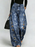 Printed Curved-leg Jeans With Metal Ring Accents