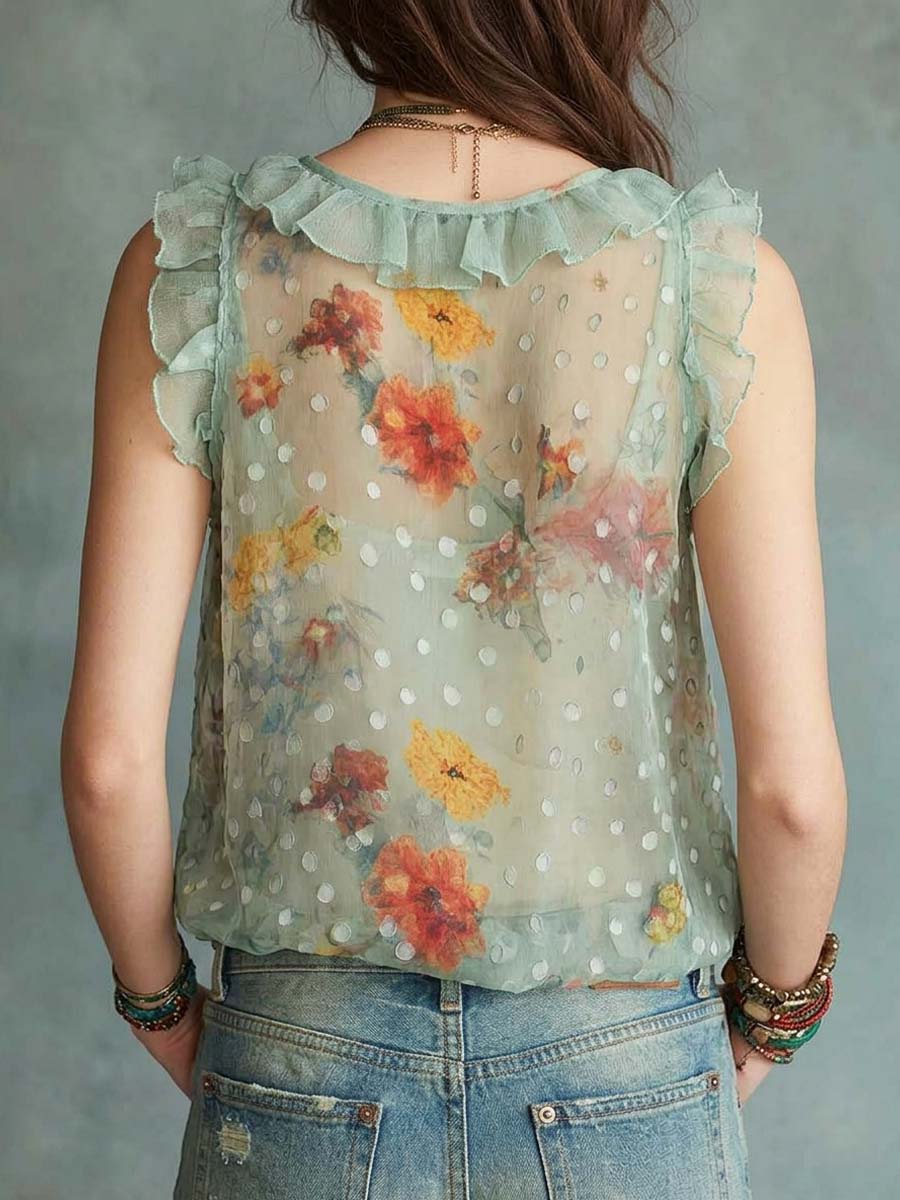 Women's Floral Polka Ruffled Art Casual Stylish Sleeveless Shirt