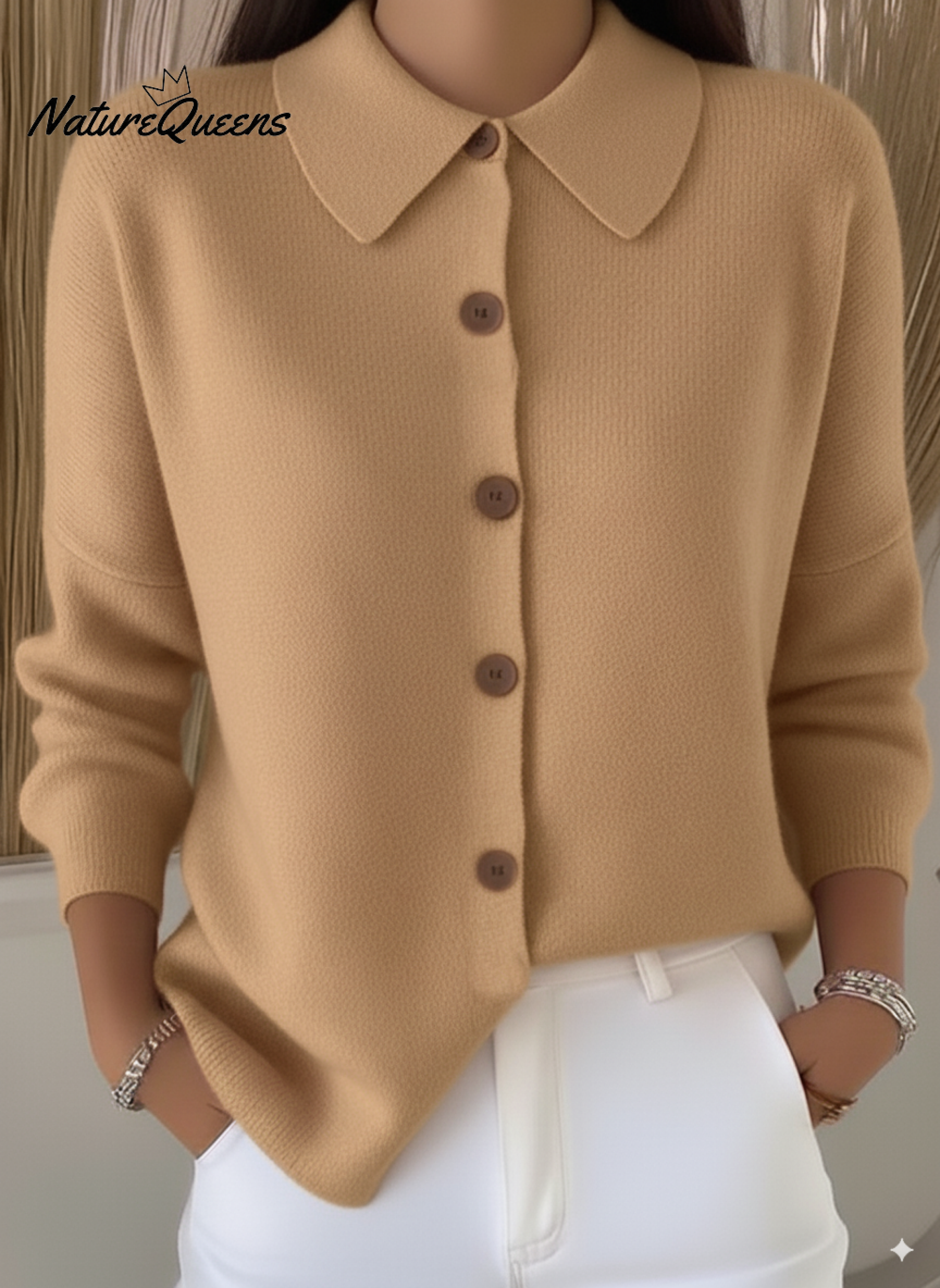 Peter Flip Soft Wool Collar Button-Down Cardigan Sweater Top