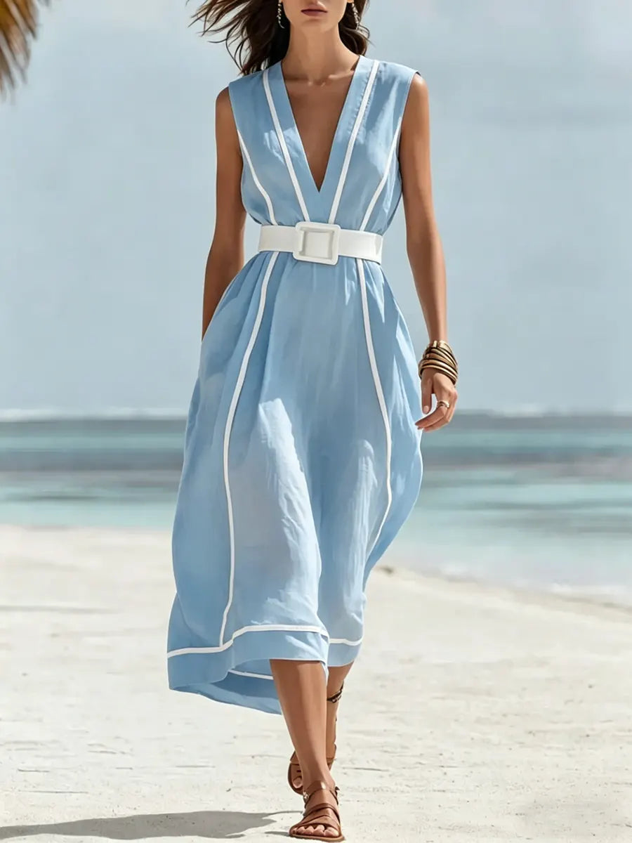 Women's Casual Vacation Line-decorated Sleeveless V-neck Dress