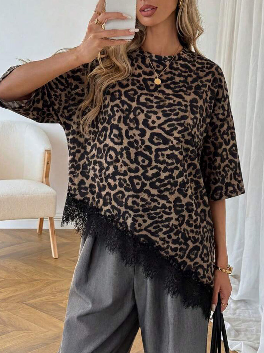 Women's Loose-fit Short-sleeve T-shirt With Leopard Print And Lace Splicing