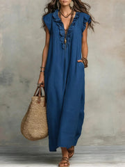 Women's Solid Color Ruffled Art Casual Fashion Cozy Cotton Linen Dress