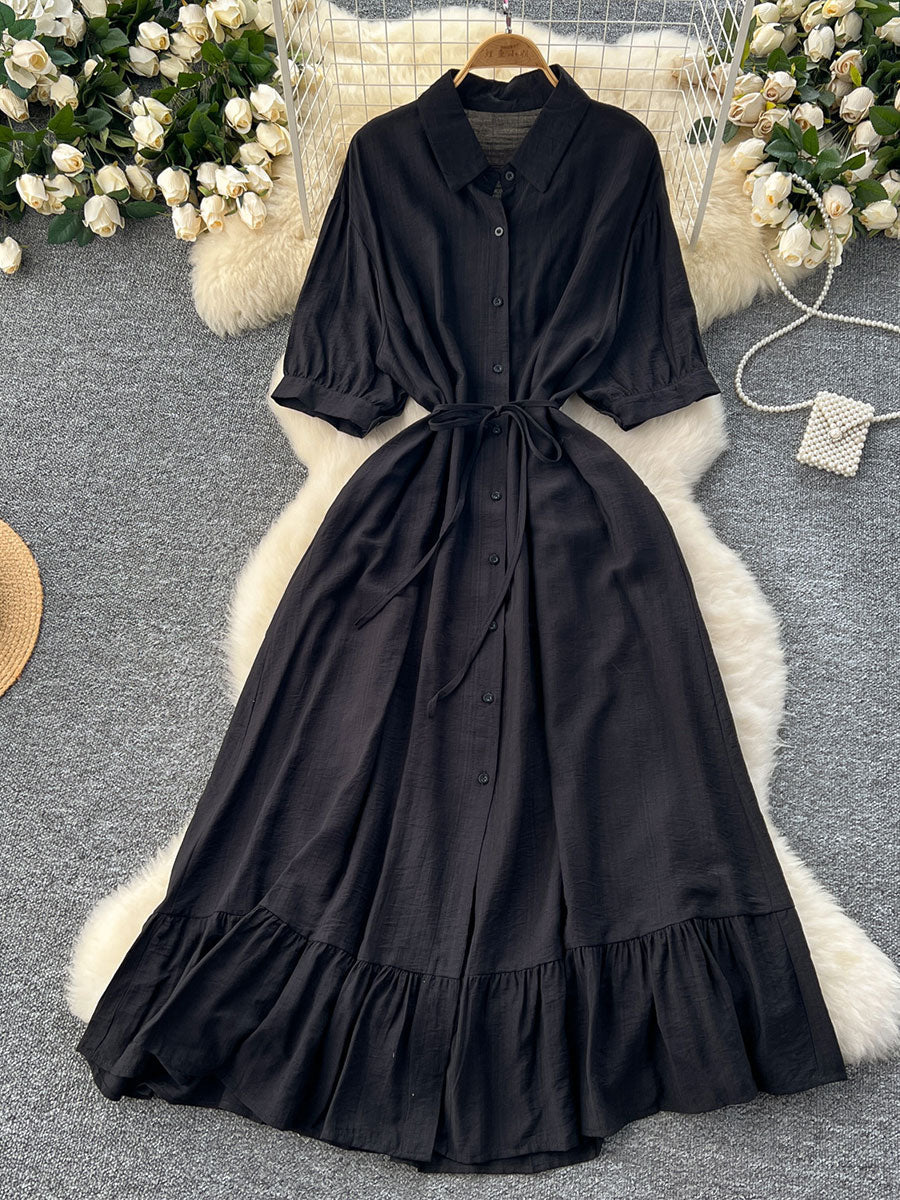 Women's Polo Collar Half Sleeves Single-breasted Waist-cinching Ruffles Midi Dress